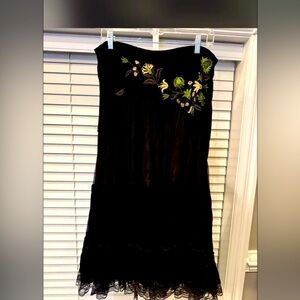 Velvet & silk long skirt, flare, embroidered, black size L